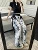 Plus Size Chinese Ink Painting High Waist Wide Leg Summer Skirt-Pants for Women