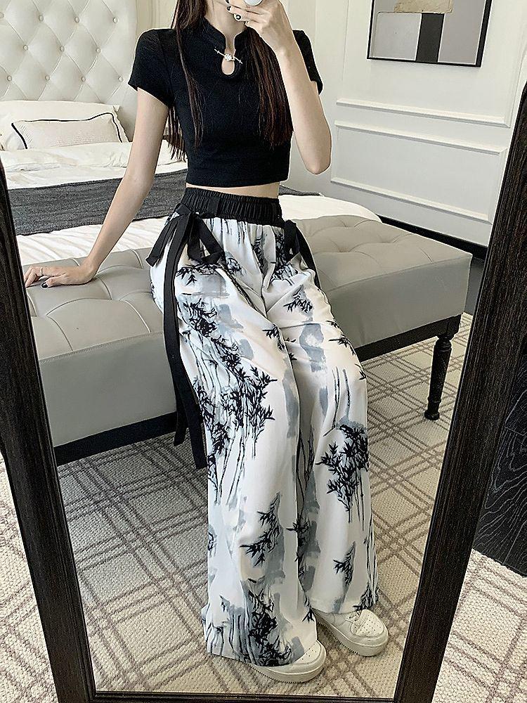 Plus Size Chinese Ink Painting High Waist Wide Leg Summer Skirt-Pants for Women
