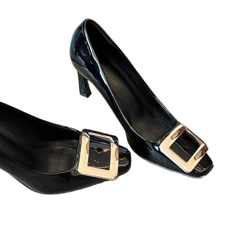 [New] Black patent leather high heels women's square head thick heel square buckle French temperament beautiful adult ceremony single shoes women