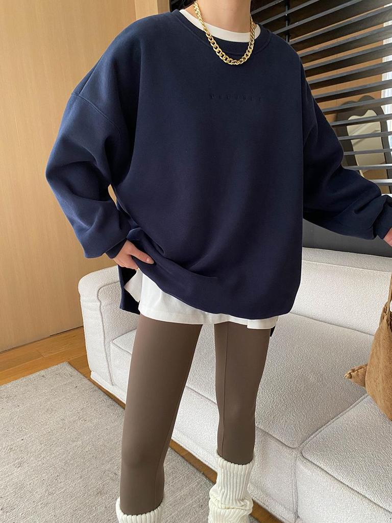 Sinan Holiday Blogger Style Embroidered Round Neck Drop Shoulder Plus Velvet Sweater SN6840