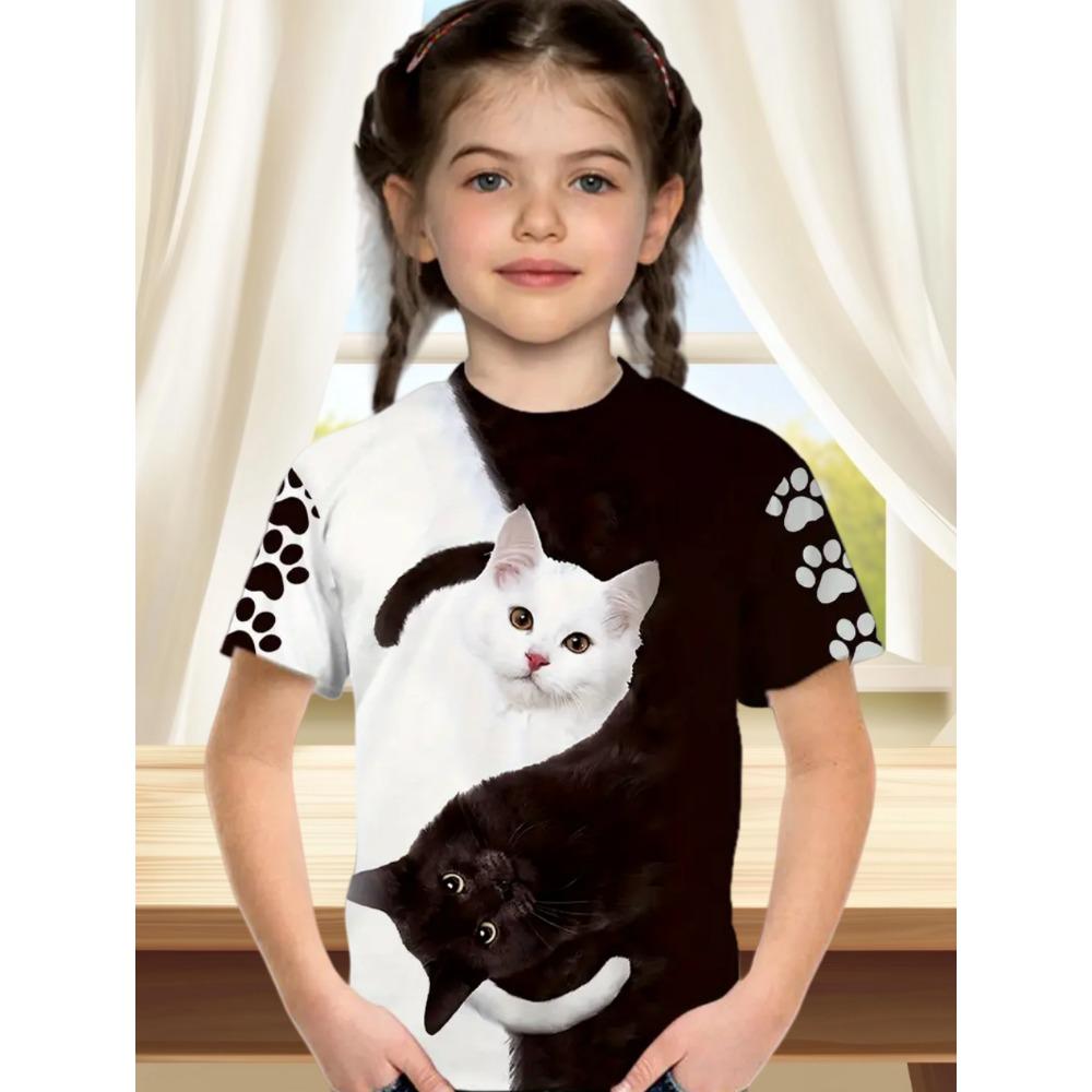 Children's Clothes Funny Cat Pattern 3D Print Summer Short Sleeve Tee Topstrendy Girl Clothes Round Neck Tops T-Shirts for Girls