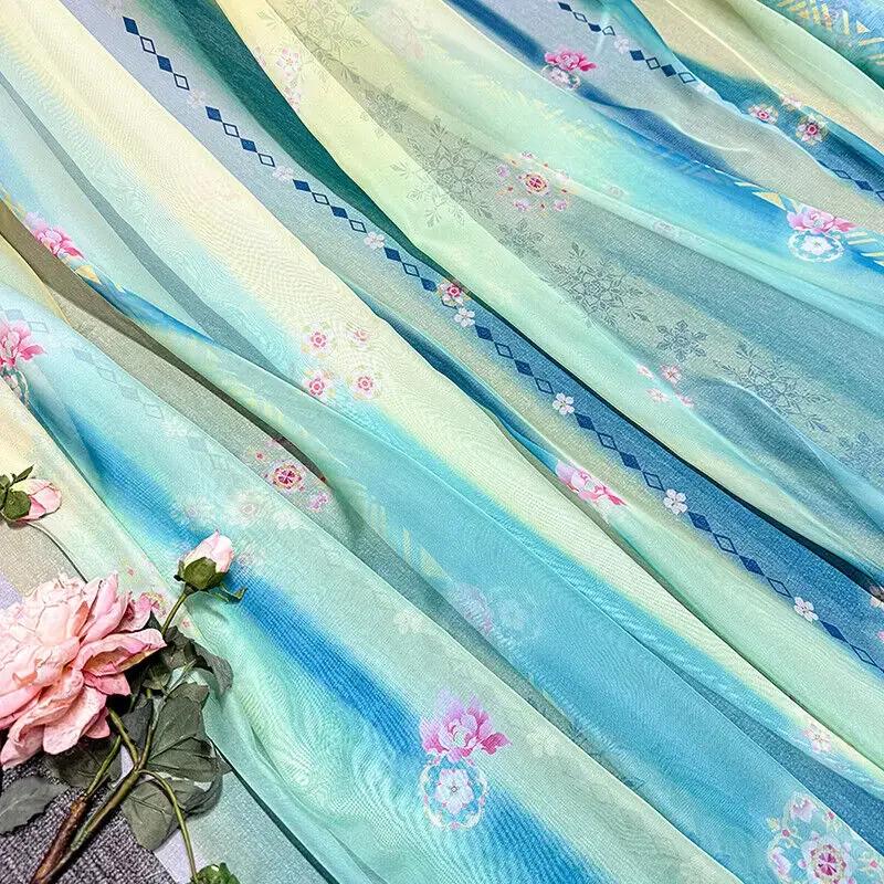 Gradient Color Chiffon Fabric Diy Rainbow Christmas Flowers Print for Hanfu Dress Skirt Shirt Sewing Cloth Sold By The Meter