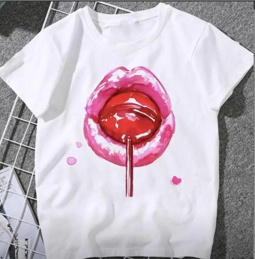 LOVE Red Lips Pink Heart Print T Shirt Women Romantic Slogan Graphic Short Sleeve Valentine Casual Summer Tee