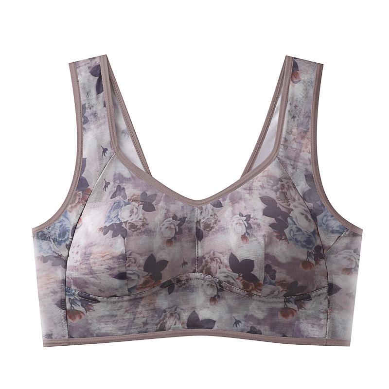 Bralette in Rete con Stampa Floreale Senza Ferretto Trasparente Scollo a V Reggiseno Comodo per Lingerie da Donna