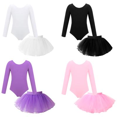Girls Ballet Dance Wear Long Sleeve Round Neck Leotard Elastic Waist Tutu Layered Skirt Performance Outfit