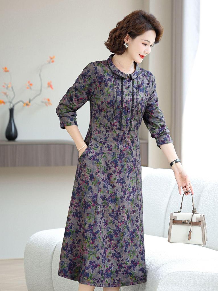 2026 Spring Retro Print Long Sleeve Knee-Length Dress for Middle-Aged and Elderly Moms - Stylish and Elegant Skirt