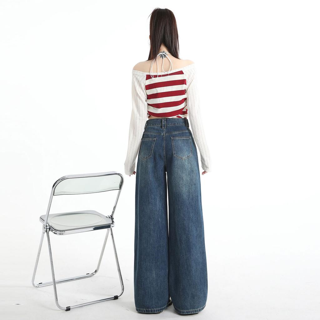 Early Spring Vintage High Waist Drape Elastic Waist Relaxed Wide Leg Denim Pants For Pear Shaped Body Ladies Casual Pants Oversize Denim Trousers