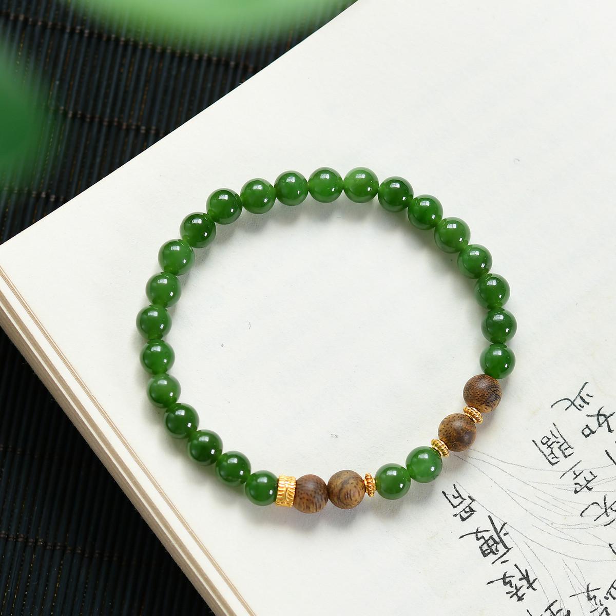 Chinese Style Hetian Jade & Agarwood Bracelet with 925 Silver Spacers 6mm
