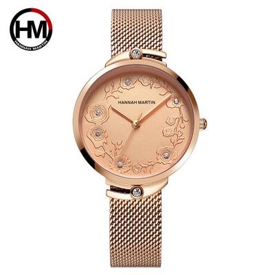 Orologio da donna, moda di lusso, strass, cintura in rete in oro rosa goffrato, movimento giapponese, orologio al quarzo impermeabile