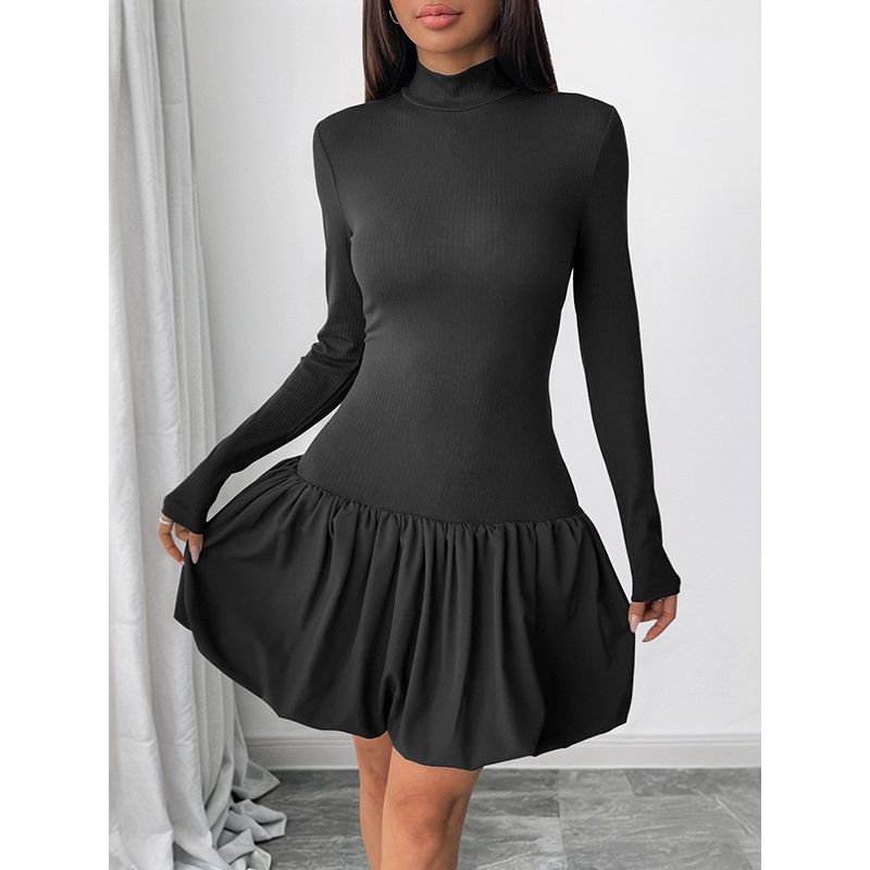 Elegant Long Sleeve Dress Women 2025 Autumn New European and American Turtleneck Patchwork Bottoming Short Skirt
