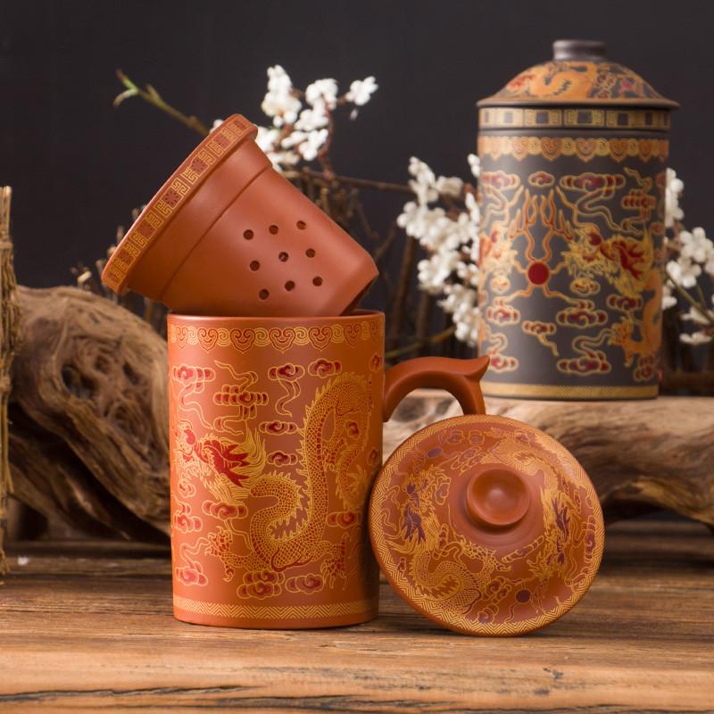 Handmade Dragon Beauty Purple Clay Tea Mug with Lid and Infuser, Ceramic Water Mug, Handmade Drinkware, Office Teacup