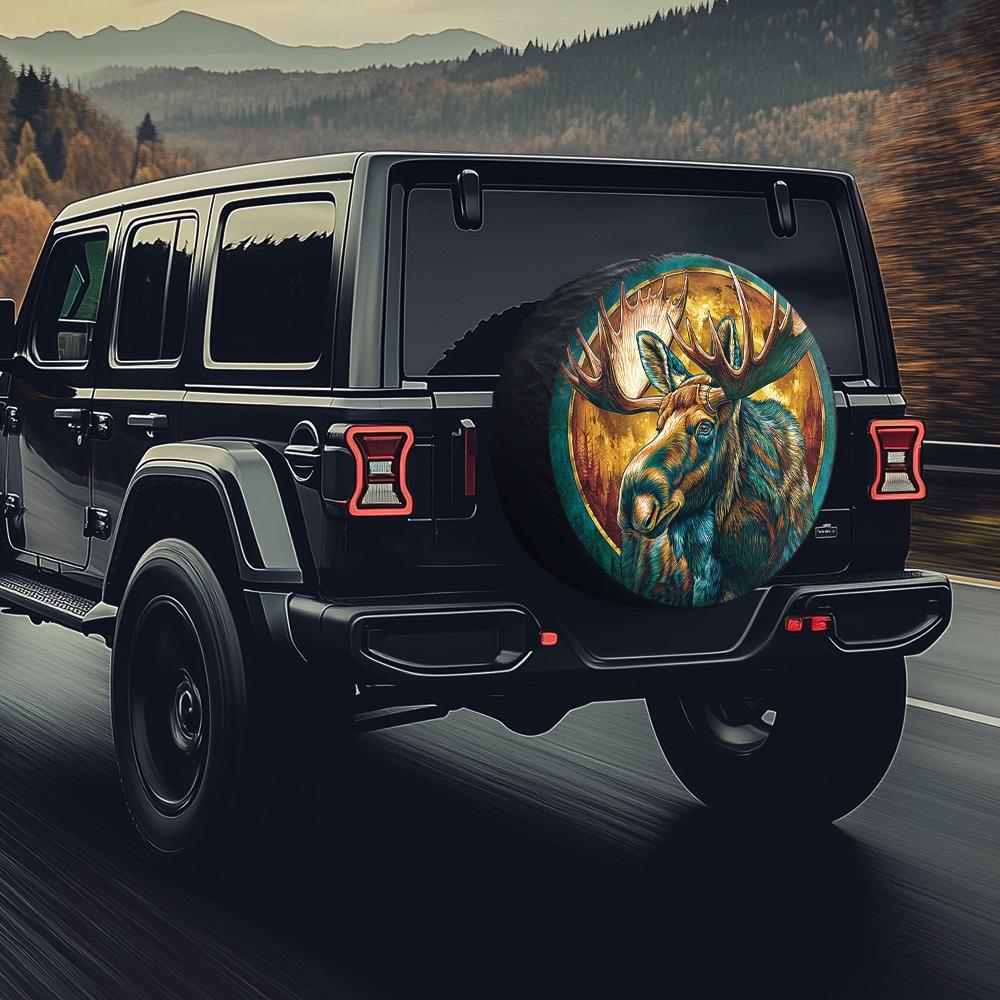 Golden Moon Reindeer Pattern Tire Cover, Compatible With Vintage SUV/Art Car/Outdoor Card, Dreamy Natural Style, Full Coverage F