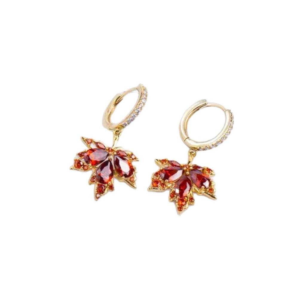 Red Maple Leaf 1011 New Year Earrings, Elegant Versatile for Autumn and Winter, Niche Design for Women, Ear Hooks, Ear Stitch Trendy Style
