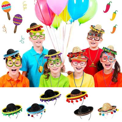 6Pcs Halloween Sombrero Headband Mexican Party Hats with Plush Pom Poms Holidays Fiestas Cosplay Props