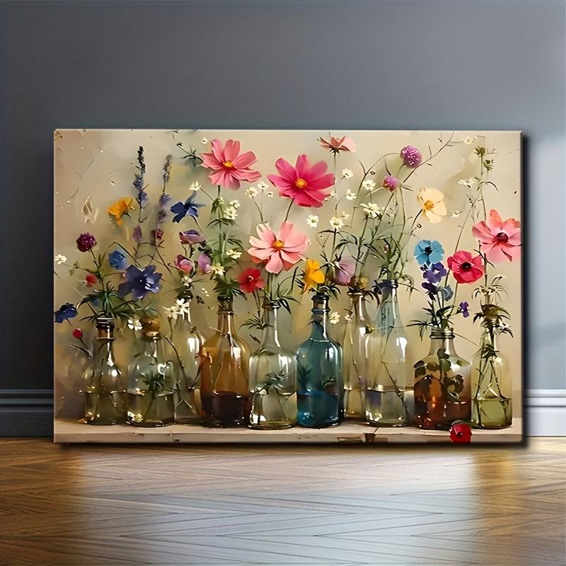Colorful Floral Canvas Art & Mason Jar Wall Décor: Blue, Pink, Yellow, Purple Bouquet