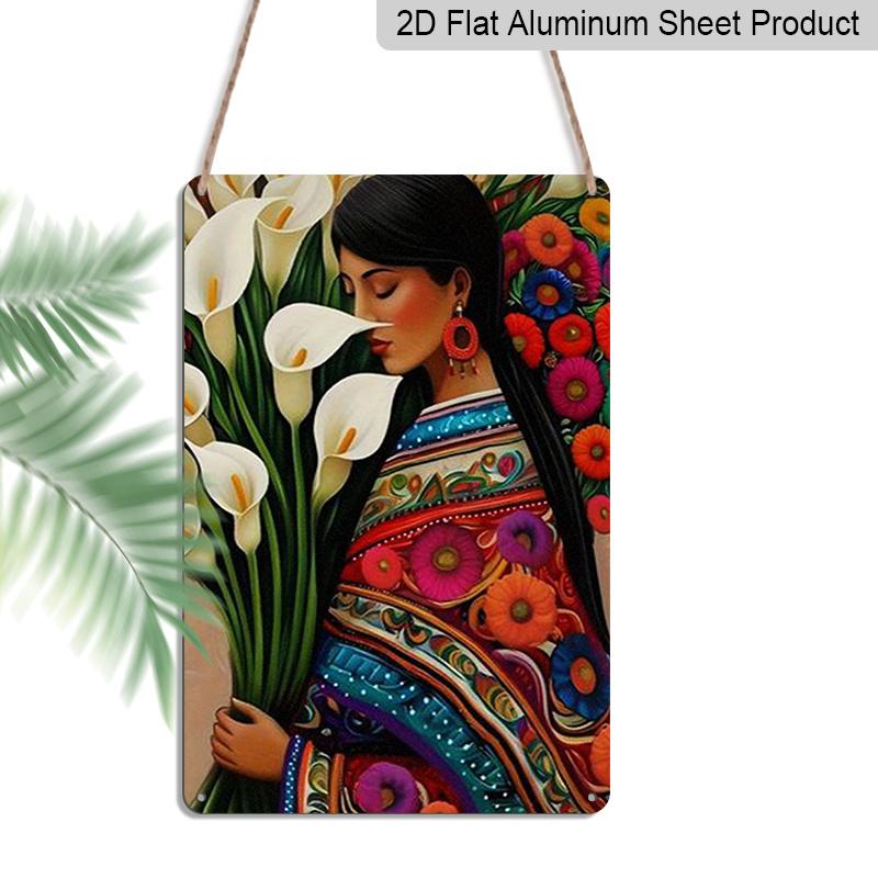 2D Flat, Elegant Woman with Calla Lilies & Colorful Floral Aluminum Art - Perfect for Home Decor, Wall Art, Living Room, Bedroom, Mexican Inspired