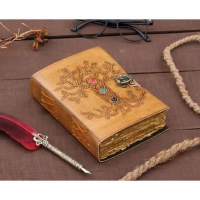 Diário de couro de árvore, borda de cristal, papel antigo, diário vintage para escrever histórias