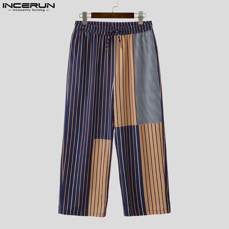 INCERUN Men Casual Elastic Waist Stitching Striped Long Trousers Pants