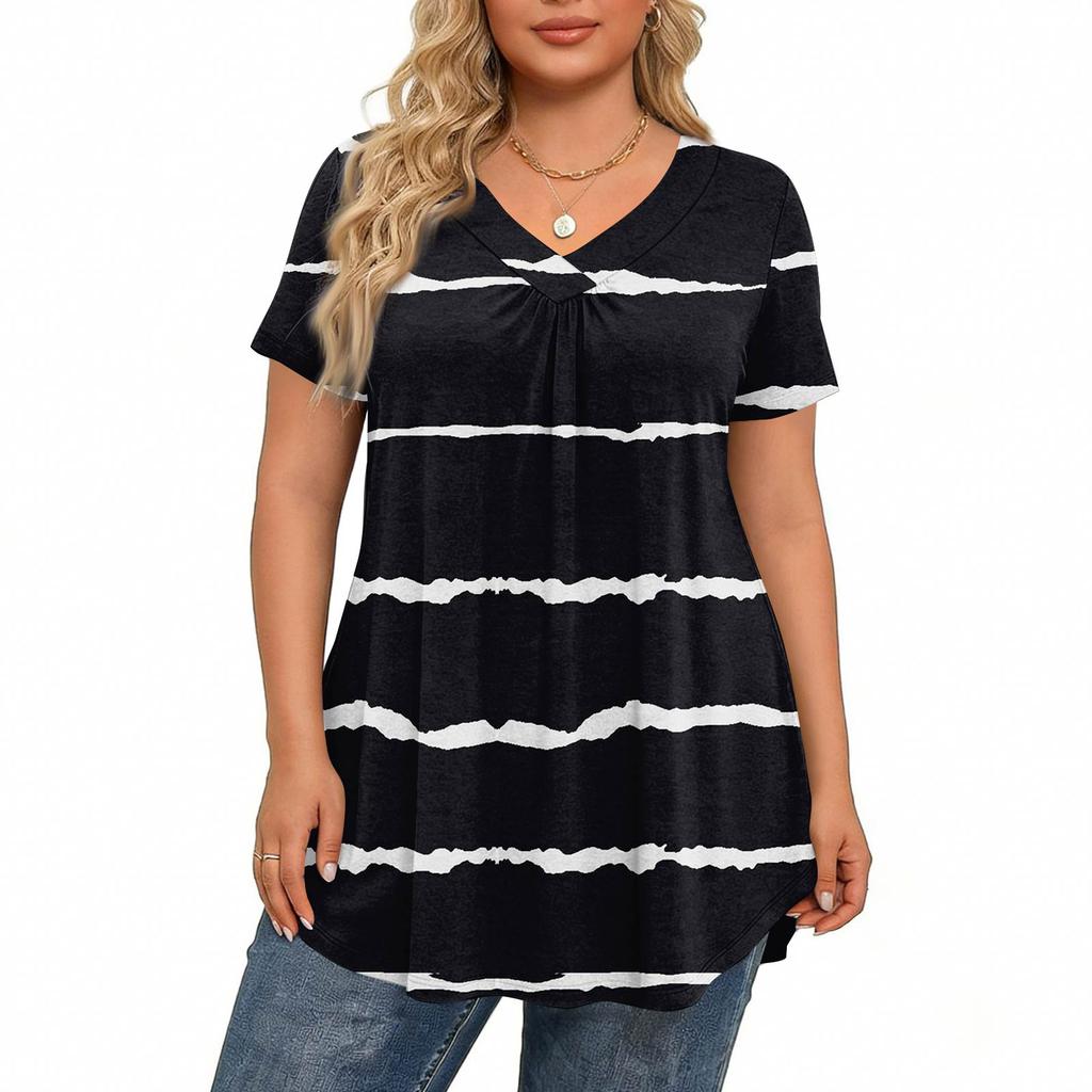 Blusa Casual Elegante Feminina Plus Size, Manga Curta, Decote V, Corte Amplo, Para o Trabalho
