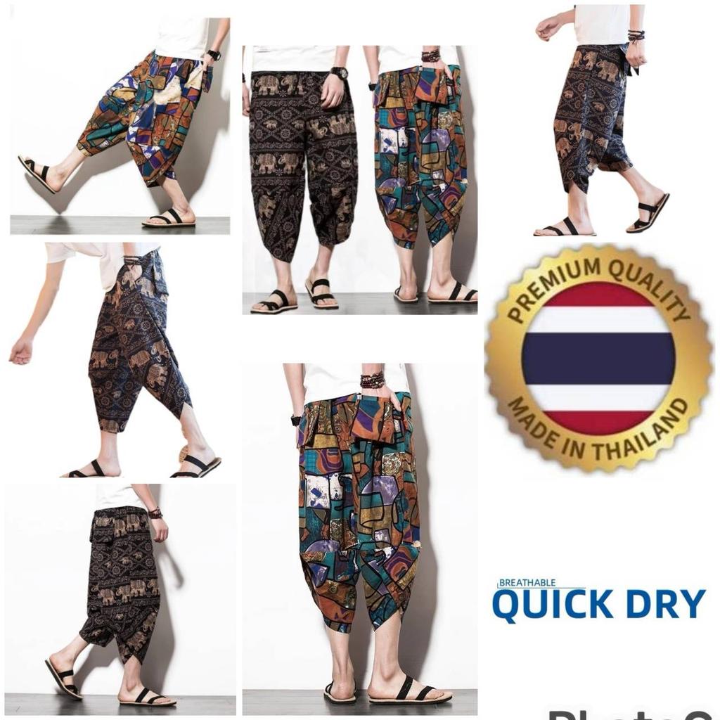 Spodnie Słonie Capri Rybaczki Regulowany Elastyczny Pasek Pasek Kobiety Mężczyźni Unisex Nadruk Tajlandia Casual Streetwear Plaża Lato Bohema Retro Vintage