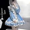 Japanese Gothic Lolita OP Dress Women Kwaii Bow Ruffles Blue White Patchwork Princess Dresses Girl Harajuku Tea Party Mini Dress