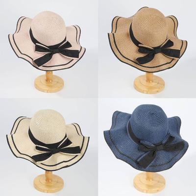 Summer Bow Straw Hat Beach Hat Big Eaves Streamer Vacation Play Outdoor Breathable Sunshade Wavy Edge Sun Protection Hat
