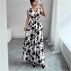 Women's V Neck Cap Sleeve Floral Print Maxi Dress Elastic Waist A Line Long Casual Dress