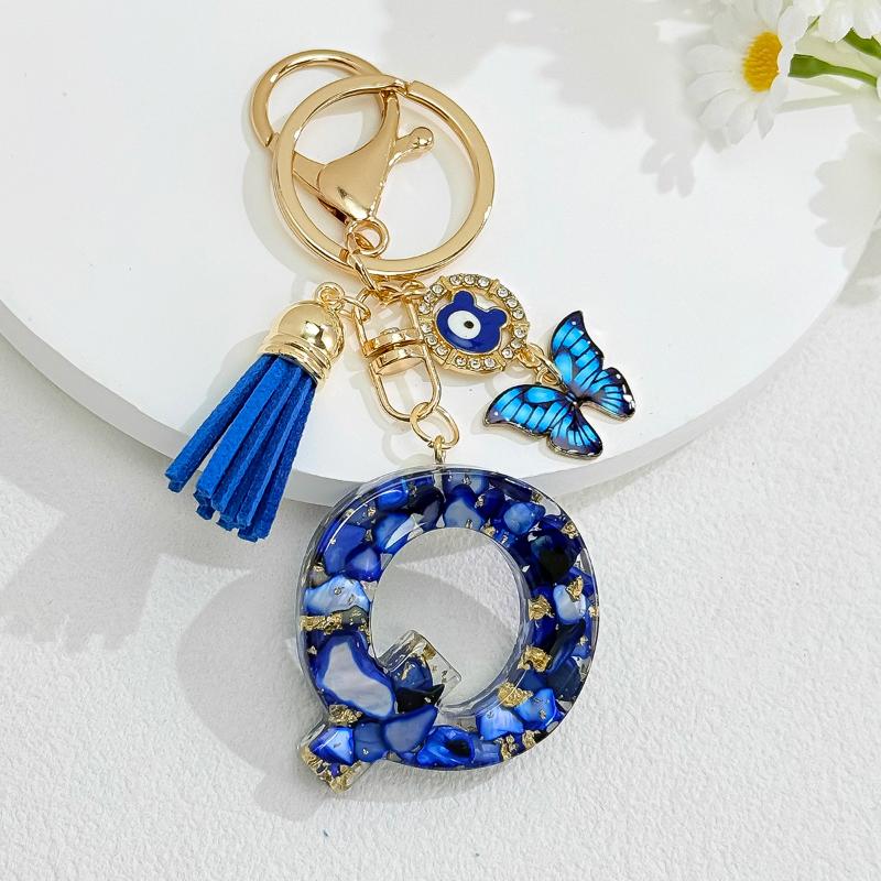 Fashion Blue Glazed Stone A To Z Letter Keychain 26 Initials Alphabet Butterfly Tassel Pendant Car Keyring Women Jewelry Gifts