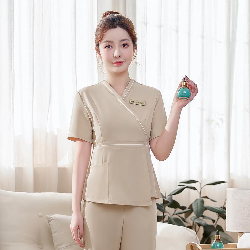 Damen-Kurzarm-Spa-Uniform mit Taschen - Elastische Arbeitskleidung für Kosmetikstudio & Pediküre