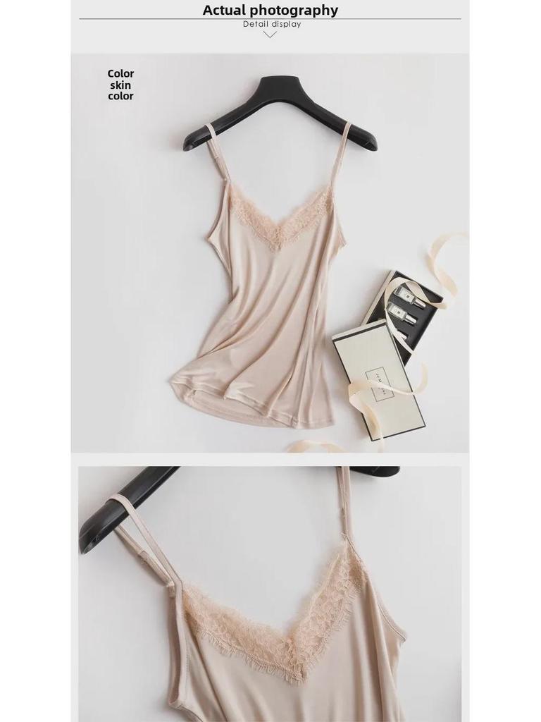 Tangge Maulbeerseide V-Ausschnitt Spitzen-Spaghettitop