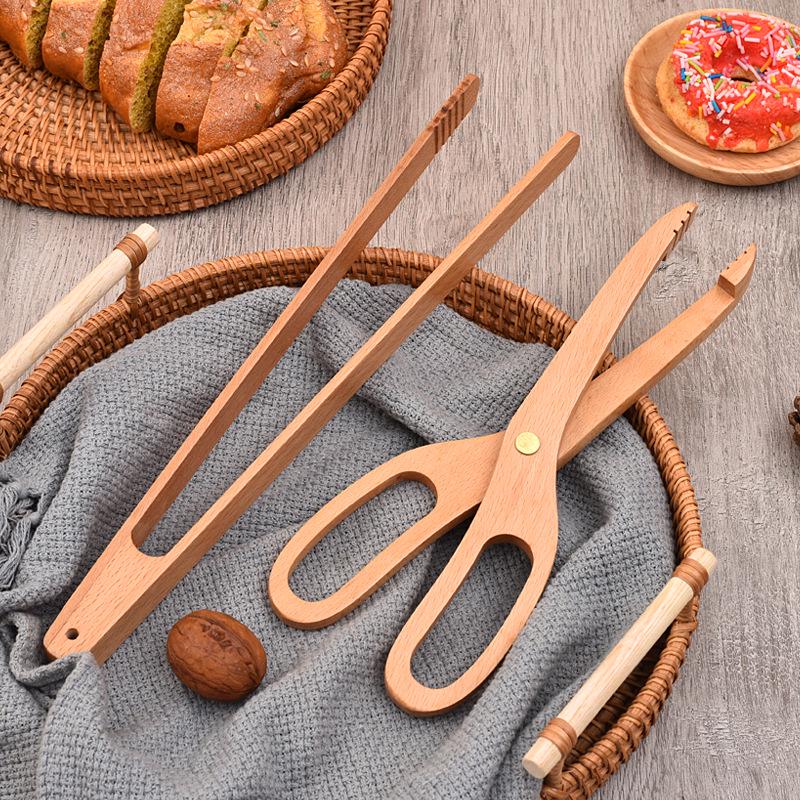 Wooden Portable Kitchen and BBQ Food Tongs for Desserts, Pastry, and Bread