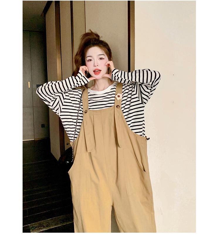 Khaki Women's Age-Defying Overalls and T-Shirt Set - Spring/Summer 2024 Korean Style