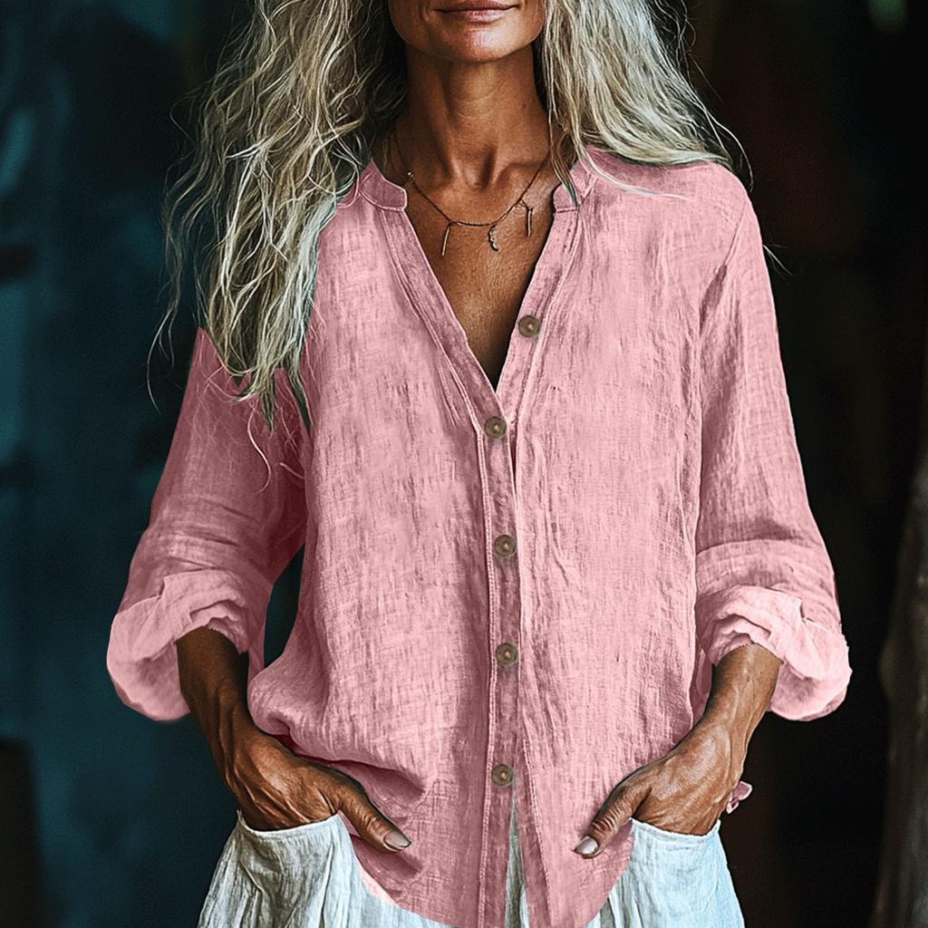 Women's Fashionable And Casual Solid-color Long-sleeved Cotton And Linen Shirt Top