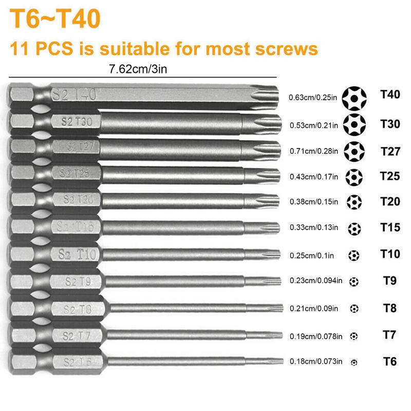 11PCS Torx Head Screwdriver Bit Set Magnetic 1/4" Hex Shank S2 Steel 3 Inch Long Drill Bits Security Torx Bits T6T40 50/100mm