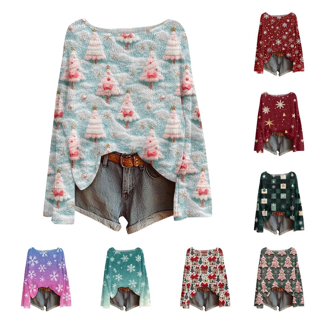 Ladies' Fashionable Casual Long Sleeved Christmas Printed Round Neck Knitted Yarn