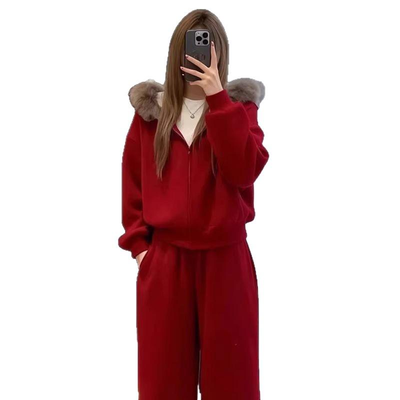 2026 Women's Red Zodiac Sports Set: Velvet Fur Hooded Sweatshirt & Cardigan