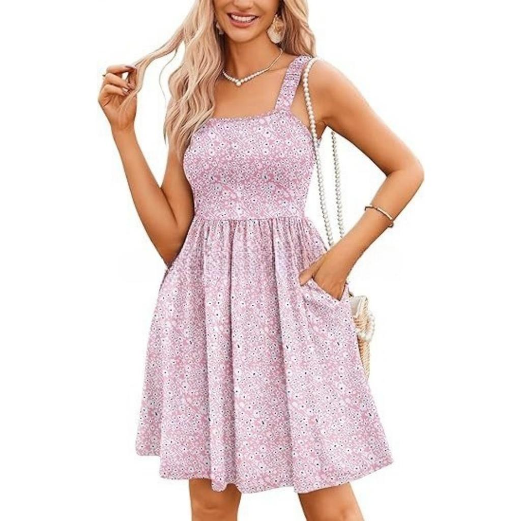 Women's Square Neck Sleeveless Floral Printed A Line Dress Mid Waist Sweet Style Summer Casual Sundress