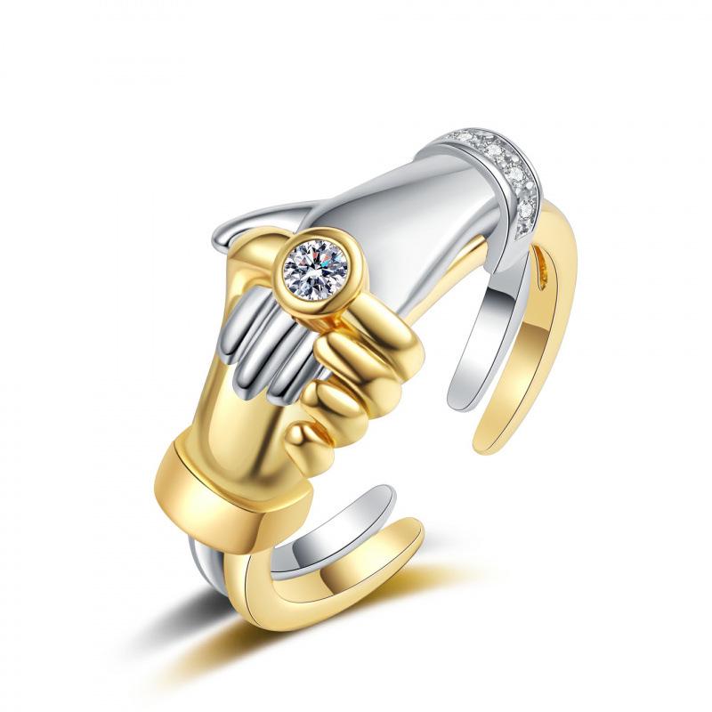 New Arrival Zircon Hug Handshake Rings: Unique Couple Ring Set Adjustable Opening