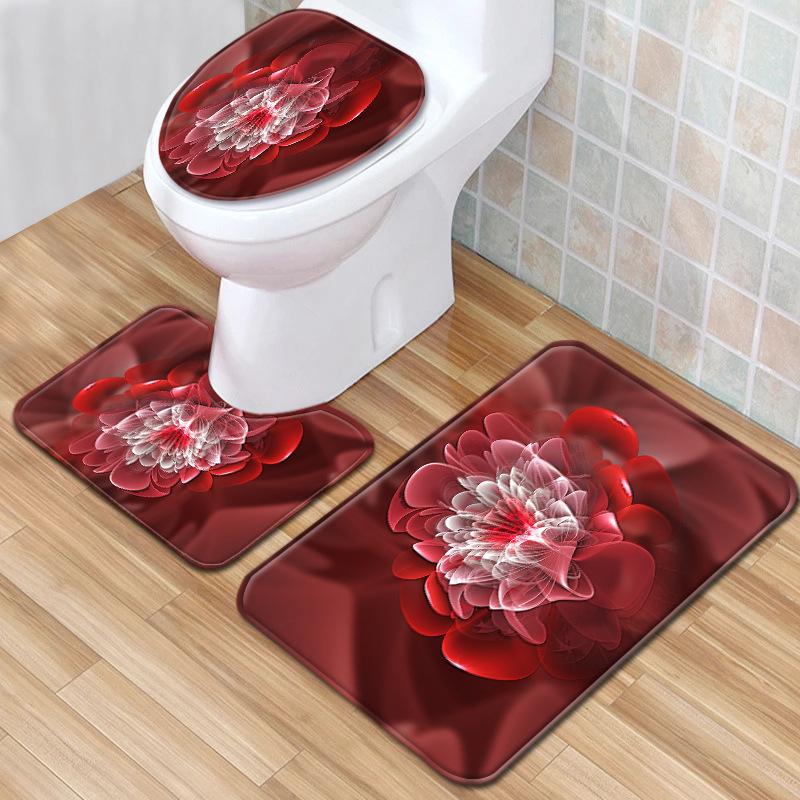 Cool Flower Pattern Bathroom Floor Mat Toilet Three-Piece Set
