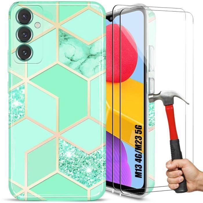 Coque + 2 Verres Trempés - Booling - pour Samsung Galaxy M13/M23 5G - Antichoc - Marbre Turquoise - Résistant aux Rayures
