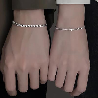2Pcs 925 Silver Chain Bracelet Set for Women Men Simple Crystal Heart Adjustable Couple Bracelets Couple Jewelry Gifts