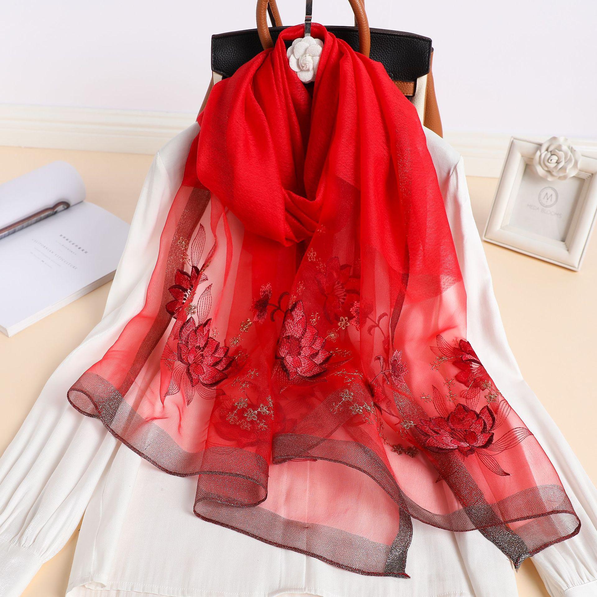 Seiden Damenschal Wollschals Damen Wickeltücher Bufanda Floral Pashmina Stickerei Schals Foulard Hijab Einfarbiges Damen Haar Bandana 70x180cm red