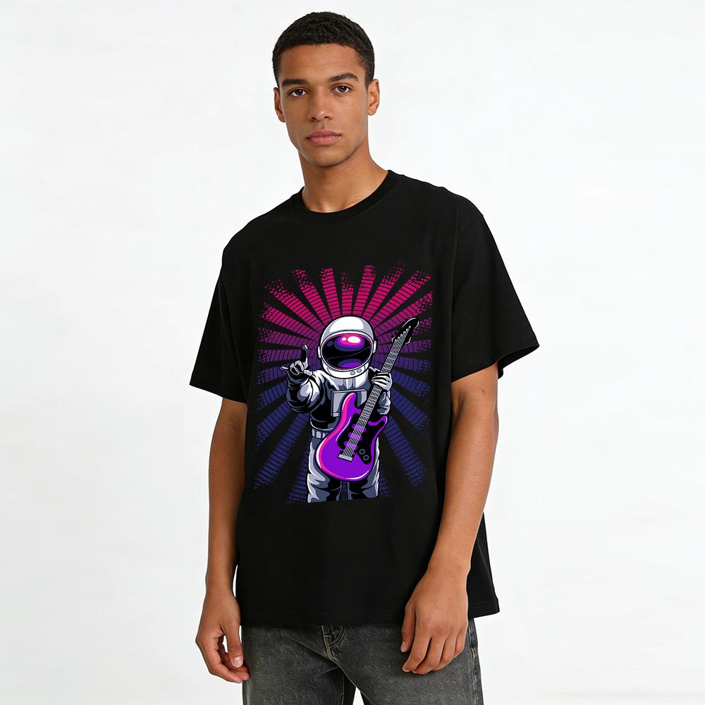 Cool Astronaut Playing Electric Guitar Rock Style Casual T-Shirt Pure cotton T-shirt