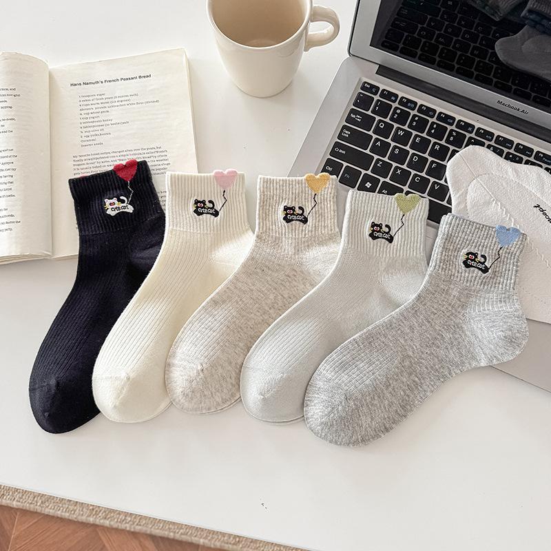 Spring and Summer Kid's Schoolgirl Style Cartoon Embroidered Cat Fun Tights Trendy Heartless Socks