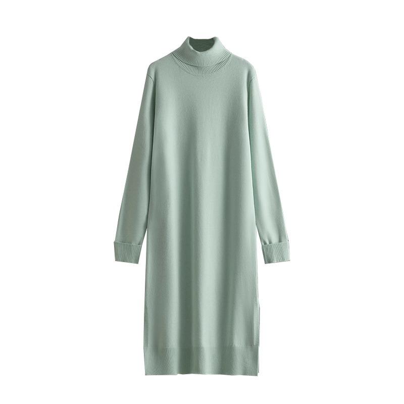 Women's Clothing, New Casual Solid Color Turtleneck Knitted Sweater Slit Primer Dress In Autumn and Winter