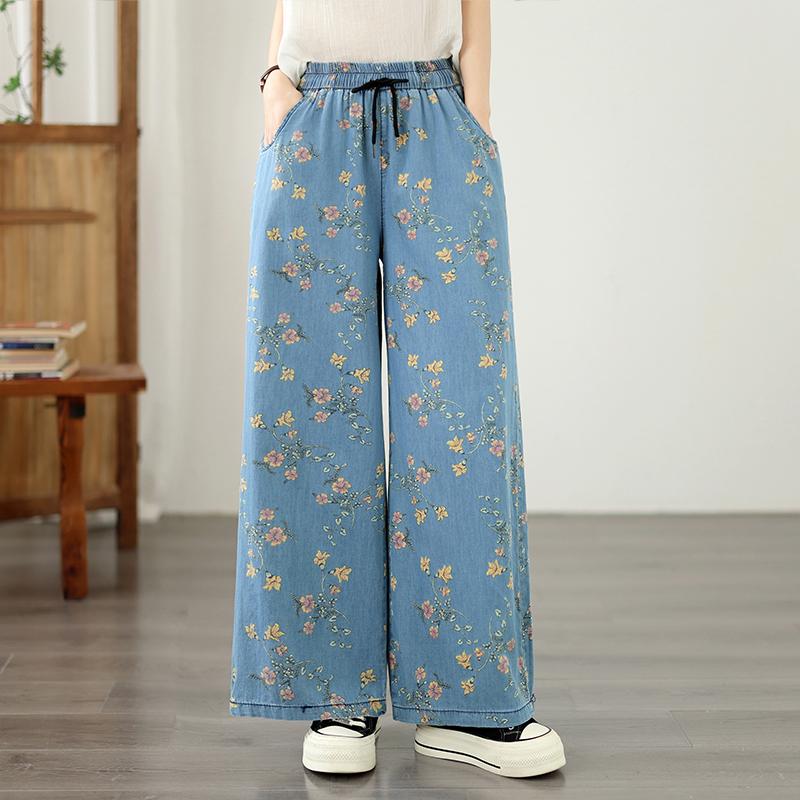 

DIMANAF 2026 Summer New Plus Size Women Jeans Print Floral Elastic Waist Long Pants Loose Casual Denim Cotton Trousers Pants 2XL світло-синій колір