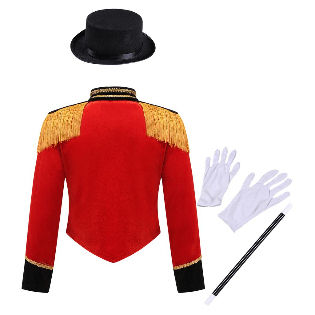 Kids Ringmaster Costume Set Long Sleeve Stand Collar Tassel Shoulder Button Jacket Hat Magic Gloves Halloween Performance