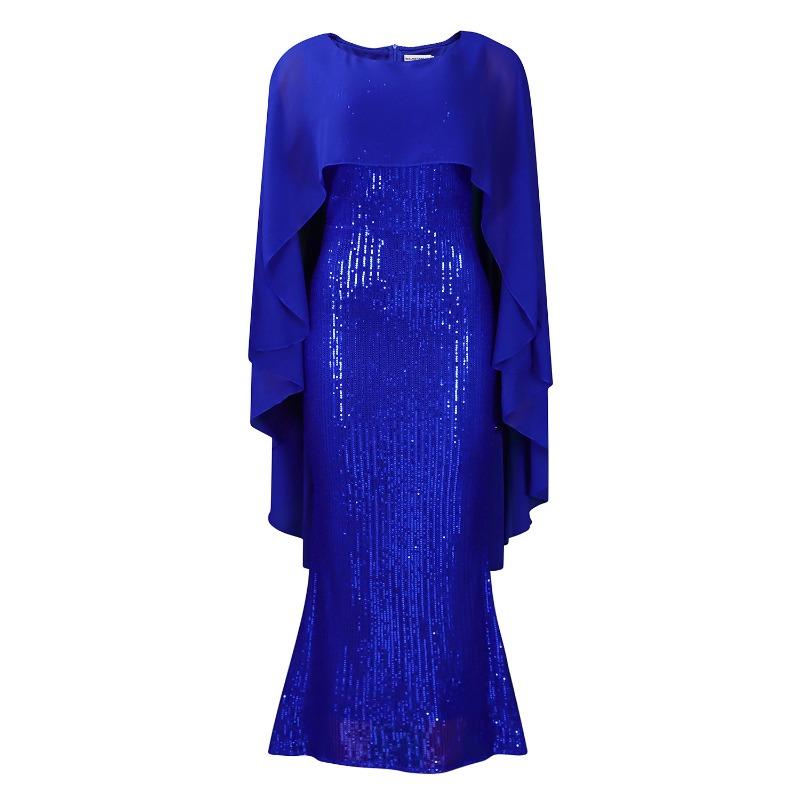Women's Spring New Fashion Chiffon Cloak Sequins Buttocks Long Dress Banquet Party Dress Dress
