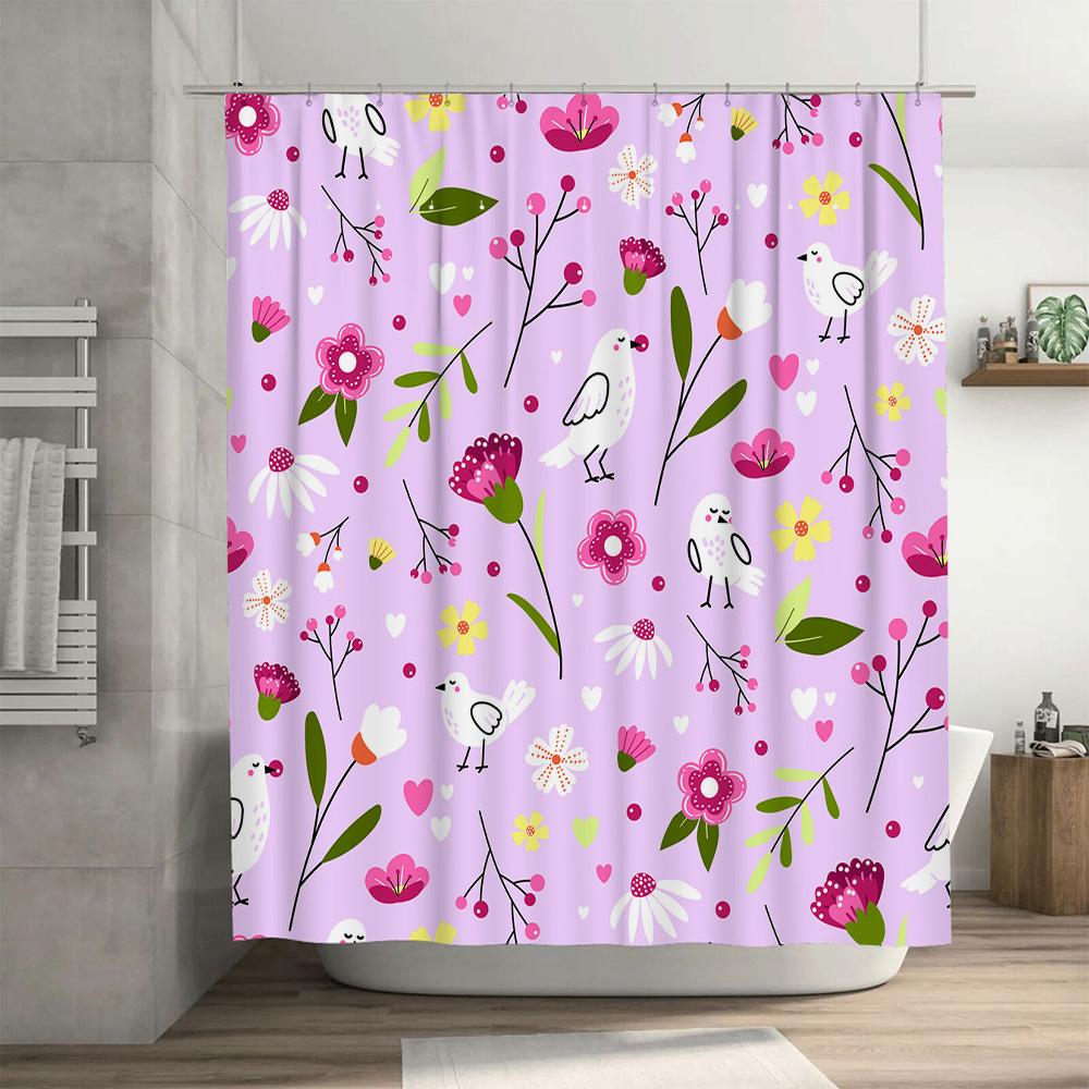 Floral Birds Bath Shower Curtain Pink Decorative Waterproof Fabric Decoration for Home Bathroom Decor