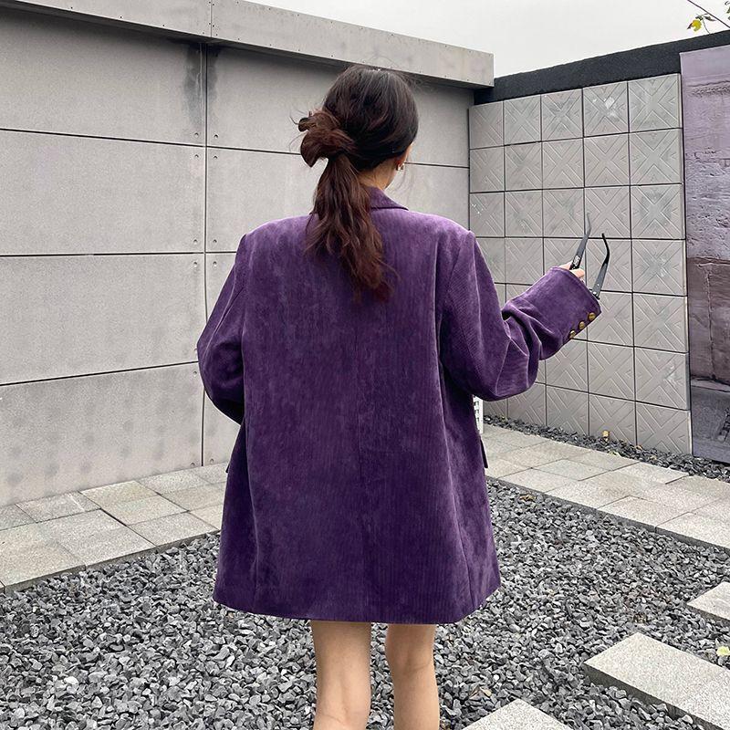 Elegante Giacca Blazer in Velluto a Coste Viola da Donna Primavera Autunno Vintage Vestibilità Larga Spallina Blazer Trendy Chic Cappotto